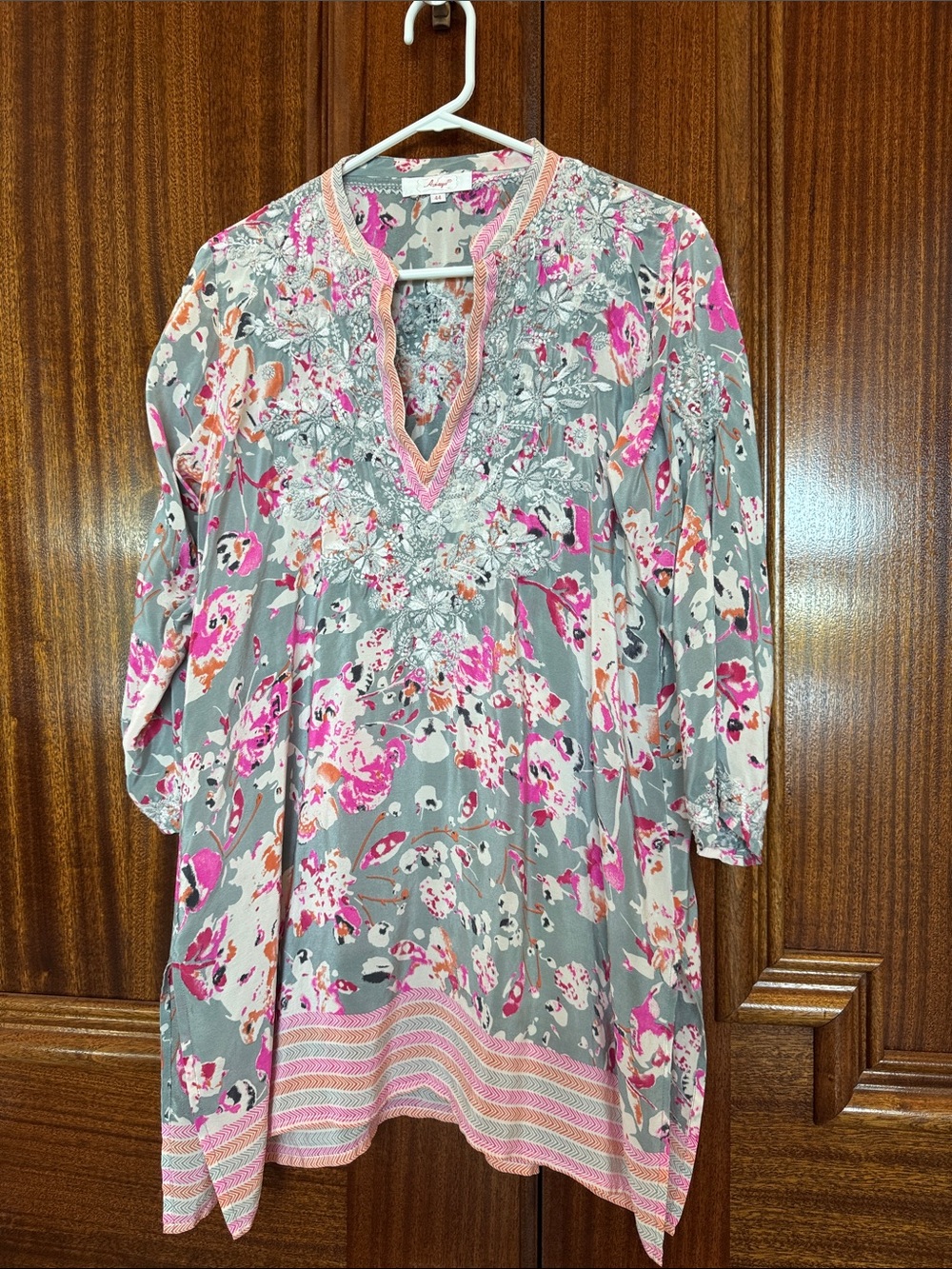 Naya Gray Floral Midi Dress with Pink Trim